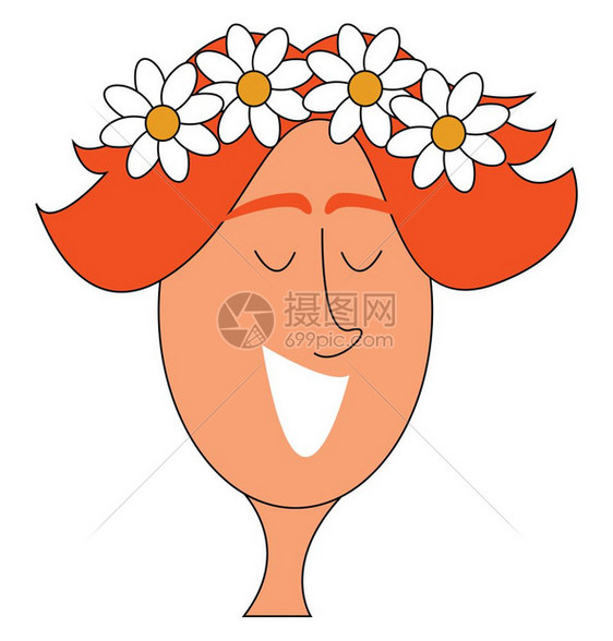 快乐的女孩头部矢量彩色画或插图上有四朵甘菊花图片