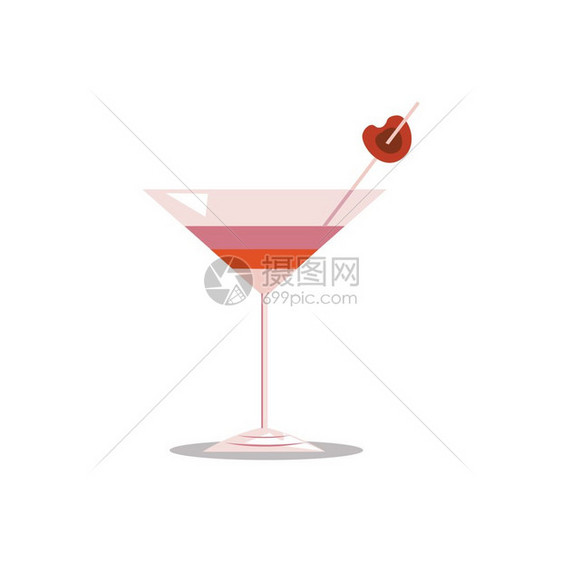 粉红色的鸡尾酒杯和一片红樱桃粘贴在粉红色的稻草矢量彩色画或插图上图片
