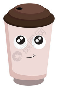 粉红色咖啡杯面部大眼睛微笑的嘴唇棕色盖子草洞矢量彩色画或插图图片