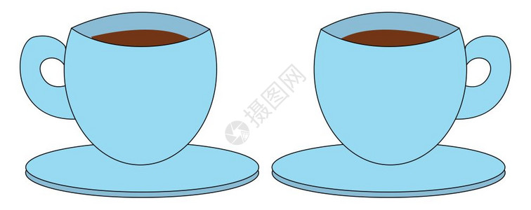 两个蓝色咖啡杯配有酱汁手柄含棕咖啡矢量彩色绘画或插图图片