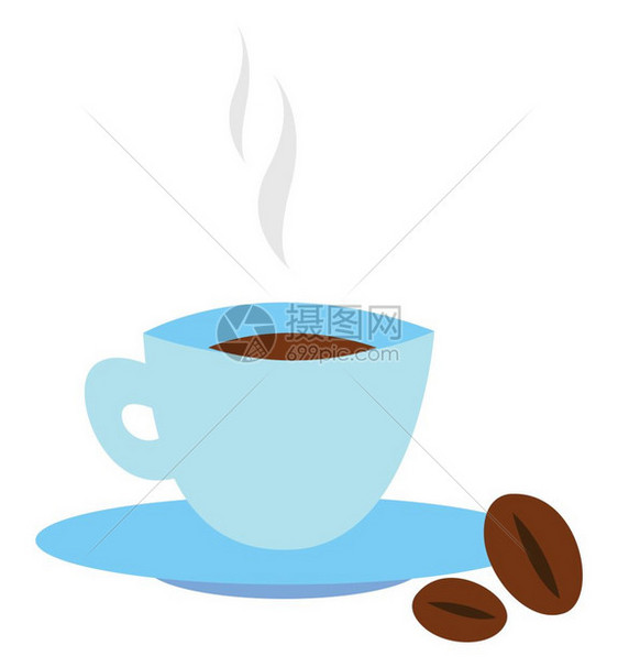 一杯蓝色的热咖啡配有碟子两个咖啡豆矢量彩色画或插图图片