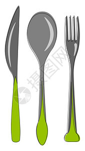一套餐具有银刀勺子和叉有绿色把手矢量彩色图画或插图片