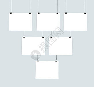 白色海报挂在夹子上灰墙装满空纸矢量库存图示图片