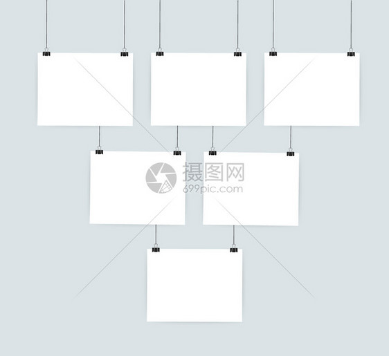 白色海报挂在夹子上灰墙装满空纸矢量库存图示图片