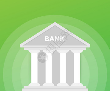 以绿色背景为基础的银行建设平板风格银行图标矢量存插图图片