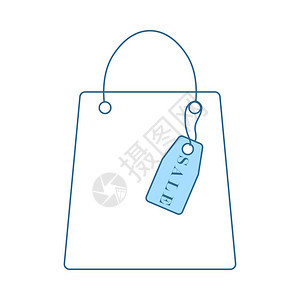 带有销售标签图的购物袋带有蓝色填充设计的细线矢量说明图片