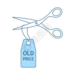 剪刀切旧价格标签图带蓝色填充图设计的细线矢量说明图片