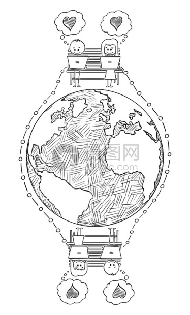 矢量漫画棍图描绘两对男女合一坐在长椅上使用计算机在社交媒体上找到爱但忽视了坐在附近的人图片