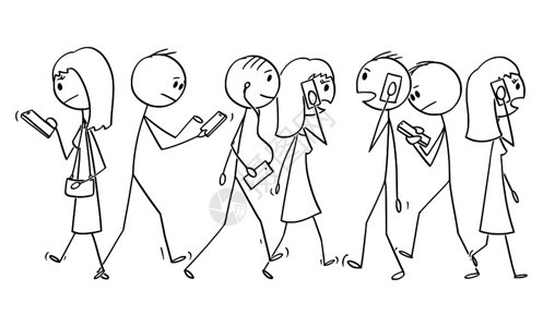 矢量卡通棍图绘制在街上行走和使用移动电话或手机的人群行概念图解图片