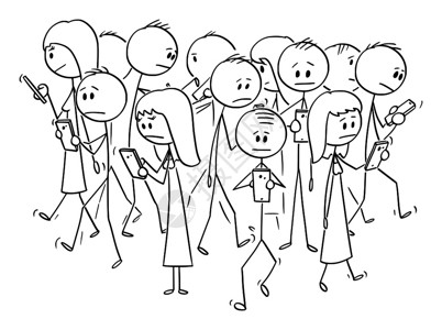 卡通棍图绘制在街上行走和使用移动电话或手机的人群行概念图解插画