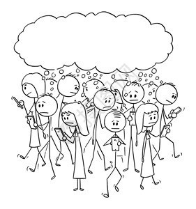 矢量卡通棍图绘制一组人或行在街上走的概念图使用移动电话或手机共同思考一些事情图片