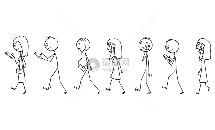 矢量卡通棍图绘制一组人或行在街上走和使用移动电话或手机的概念插图