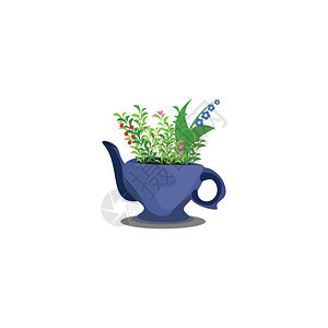 一个小茶壶里面放着一束花朵矢量彩色绘画或插图图片