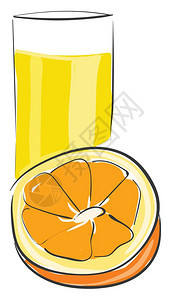 一杯橙汁外边有一片橙子矢量彩色绘画或插图图片
