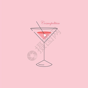 粉红色背景上装满鸡尾酒的优雅政党玻璃器件肖像用COSMOMOOLITAN矢量颜色图或插图片