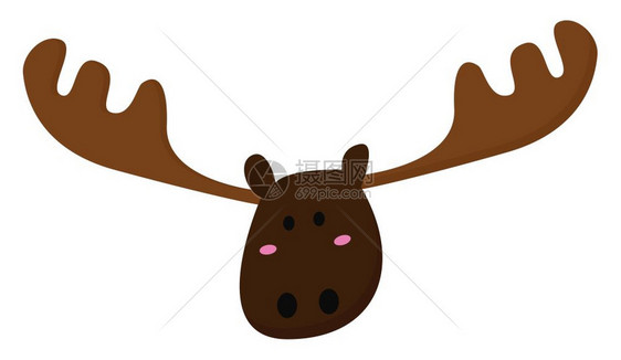 棕色的驼鹿食道有两只粉红眼睛棕榈鹿角圆形的双面两球鼻子和奥瓦尔耳形的朵矢量颜色图画或插图片