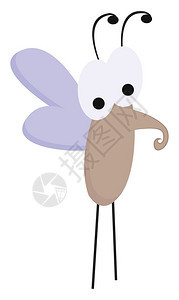 卡通棕色蚊子带有奥瓦尔形的紫身体色翅膀双振动的眼天线看起来快乐而站立的矢量颜色图画或插图片