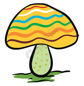 在黄顶和绿干上涂多色条纹的蘑菇在绿色草地矢量的彩图画或插上方生长黄色斑点图片