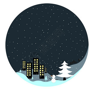 冬季城镇的肖像长高建筑在深背景矢量彩色图画或插上树布满雪夜里有人和图片