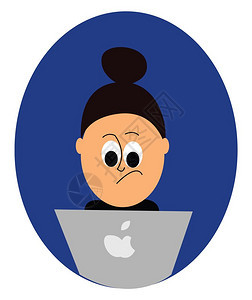 穿黑色上衣双眼转下的女孩肖像在用笔记本电脑矢量图画或插工作时有一张笑脸图片