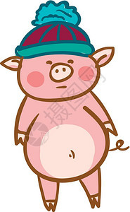 可爱的小猪穿着暖蓬冬帽矢量彩色绘画或插图图片