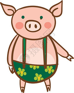 一只小猪身着绿色和黄的吊带衣着矢量彩色绘画或插图图片