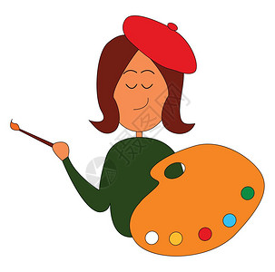 一面大鼓一个穿着绿裙子的女画家拿着调色板和一面画笔微笑眼睛闭着