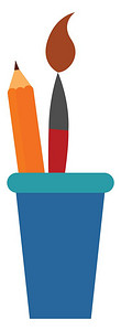 涂画一个蓝色铅笔箱上面有油漆笔和用黑铅橙色覆盖矢量彩绘画或插图的磨亮铅笔和黑色橙封面矢量彩绘画或插图背景图片