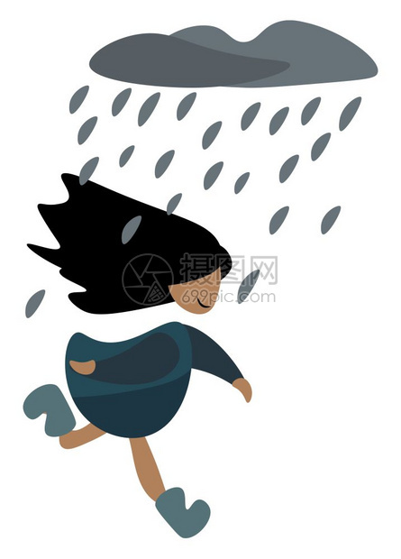 一个穿蓝色衣服的小女孩剪贴板设计在她松散的黑头发上以摆脱雨矢量彩色画或插图图片