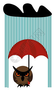 棕色猫头鹰在雨天拿着红色伞的剪贴板看起来很美的矢量颜色图画或插图片