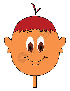 一个红发色男孩的滑板和中间眼睛的毛发卷下一个像棍子样的脖笑着矢量彩色画或插图图片