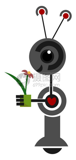 卡通滑稽的灰色机器人有两个天线用绿手握着一朵花以建议某个矢量颜色绘画或插图图片