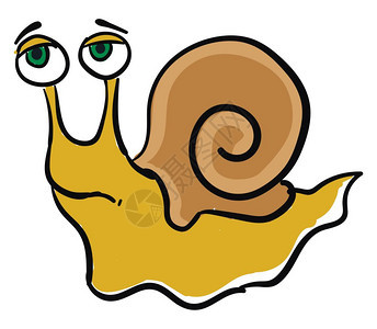 一只可爱的小卡通蜗牛食道双大眼和一只黑色棕螺旋壳爬在地上表示悲伤的矢量彩色图画或插图片