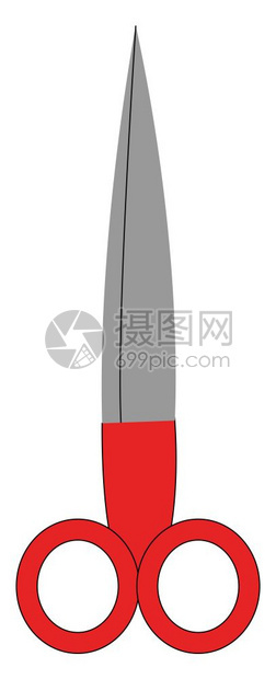 一对薄剪刀配有尖利银片和红色手柄用于切割和种植纸张用于绘制或插图彩色画图片