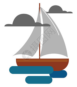 以棕色圆柱和干帆灰大为和船体的舶停机坪是一艘历史高的船在云白天矢量彩色绘画或插图上横跨海洋航行图片