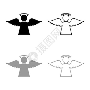 Angel带有苍蝇翼图标大纲的Angel设置黑色灰矢量说明平板风格简单图像图片