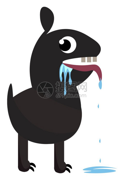 黑色狗的滑板口流唾液边站立矢量彩色图画或插图片