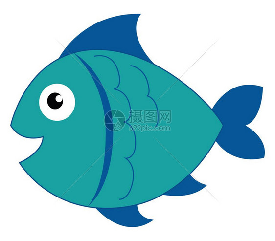 浅蓝色彩身体和深蓝彩镰形鳍和比例尺的鱼滑板在游泳矢量彩色绘画或插图时微笑图片