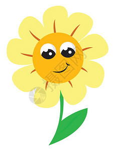 一个微笑的向日葵带着一朵花头外面有黄色的光花纹外面有棕色圆盘花纹有苗条和一小片绿叶矢量彩色图或插图片
