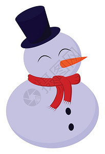 一个可爱的小雪人有两个大球小不同身着红色围巾脖子上戴着红色的围巾魔术师和r黑帽子矢量颜色图画或插图片