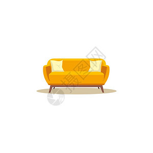 一个长的橙色装饰室内的座位背部和双臂供两个或以上的人使用并配有四个木腿矢量彩色图画或插的支持图片