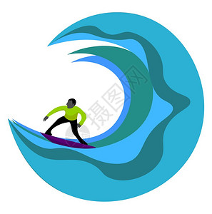 冲上云霄简笔画身着绿色服装的冲浪者肖像将波向海岸冲同时站在冲浪板