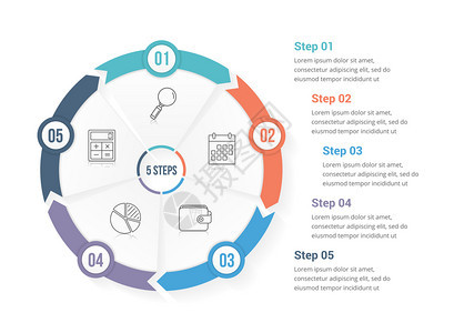 圆形箭头包含五个元素步骤或选项工作流程或进图矢量eps10插图的模板带有五个元素的圆形箭头图片