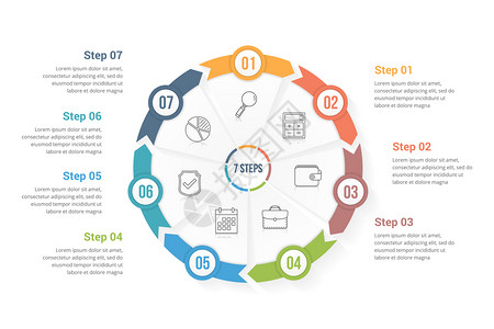 圆形箭头包含七个元素步骤或选项工作流程或进图矢量eps10插图的色彩模板带有七元素的圆形箭头图片