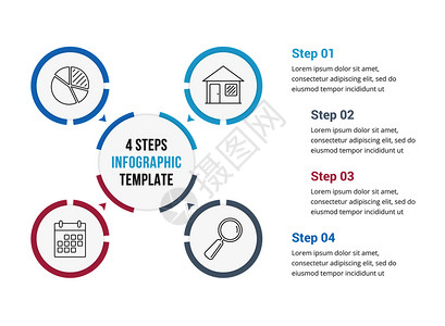 包含四个元素的圆形信息图模板进程步骤选项矢量eps10插图带有四元素的圆形信息图图片