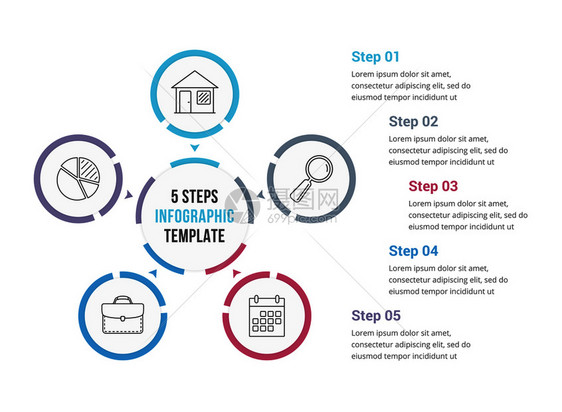 包含五个元素的圆形信息图模板进程步骤选项矢量eps10插图带有五个元素的圆形信息图图片