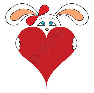 一只蓝眼睛兔子红弓握着大心脏矢量彩色画或插图图片