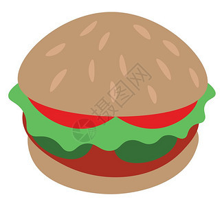 一个带绿色生菜的汉堡红番茄黄奶酪棕色汉堡卷饼还有芝麻种子在面包矢量彩色画或插图的顶端图片