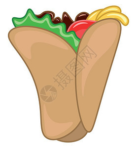 一个美味的自制辣椒卷饼里面装满新鲜蔬菜和肉类矢量彩色画或插图图片