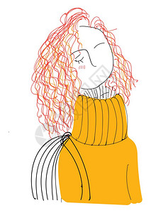 穿橙色毛衣的卷发女孩背着袋子矢量彩色画或插图图片